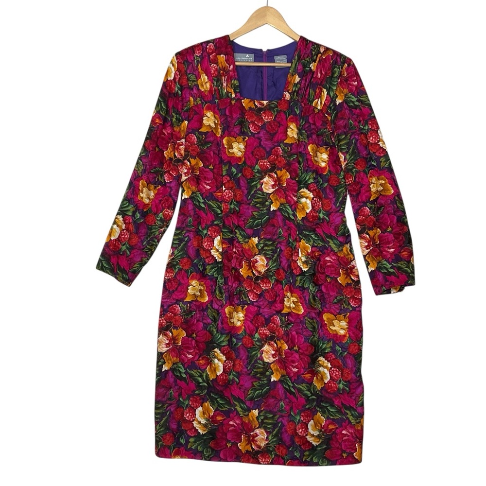 LIZ CLAIBORNE sz 16 100% Silk Floral Sheath Dress Long Sleeves Square Neckline